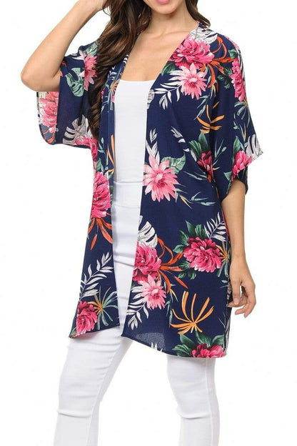 Auliné Collection Womens USA Made Casual Cover Up Cape Gown Robe Cardigan Kimono, Tropical Floral