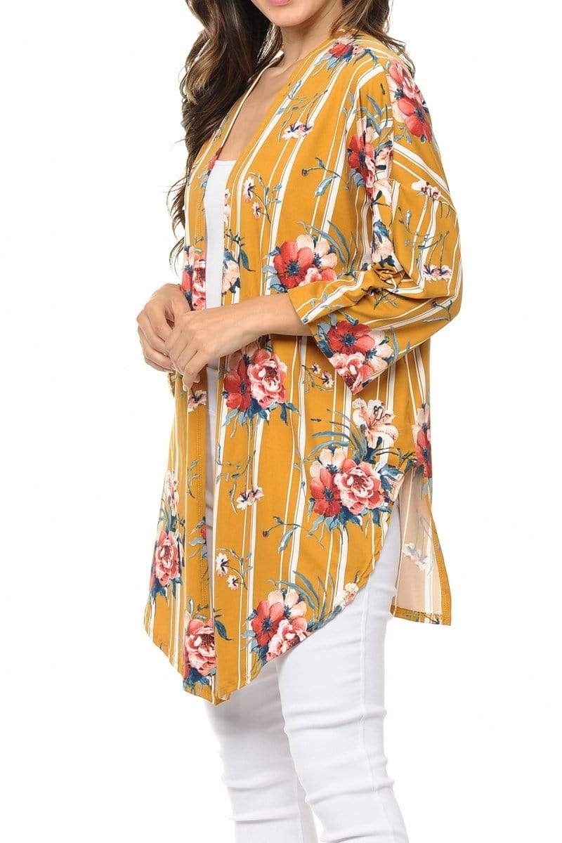 Auliné Collection Womens USA Made Casual Cover Up Cape Gown Robe Cardigan Kimono, Vertical Stripe Floral