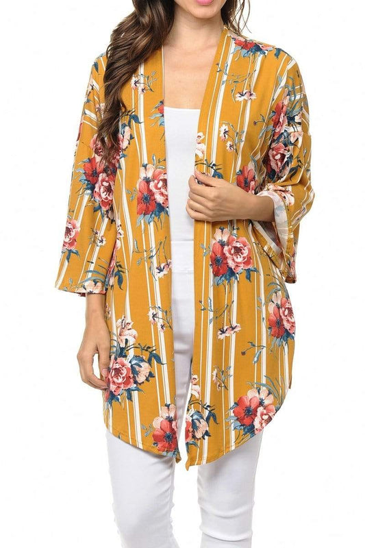 Auliné Collection Womens USA Made Casual Cover Up Cape Gown Robe Cardigan Kimono, Vertical Stripe Floral