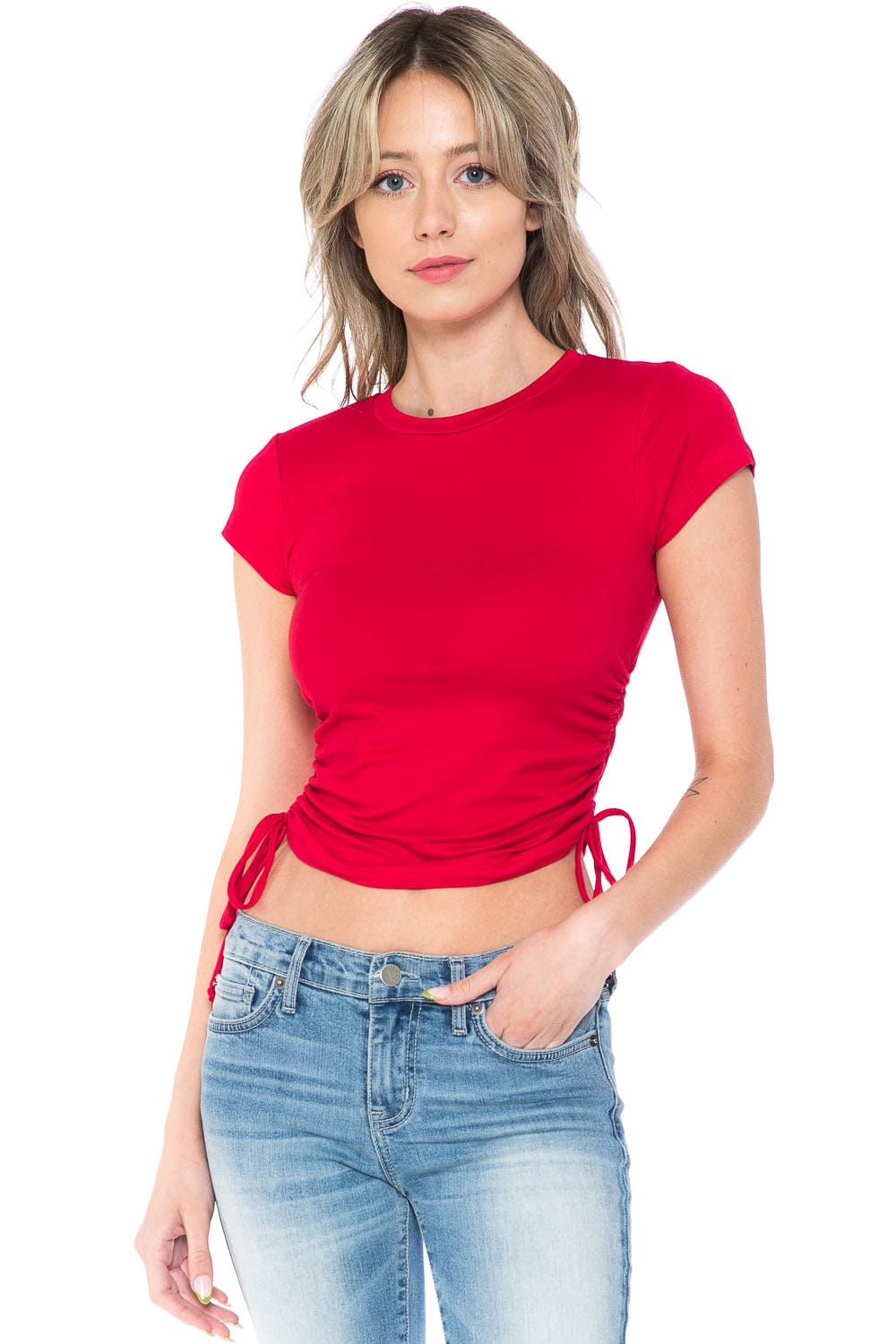 Auliné Collection Shirts & Tops Womens Trendy Solid Color Soft Basic Ruched Tie Crop Top