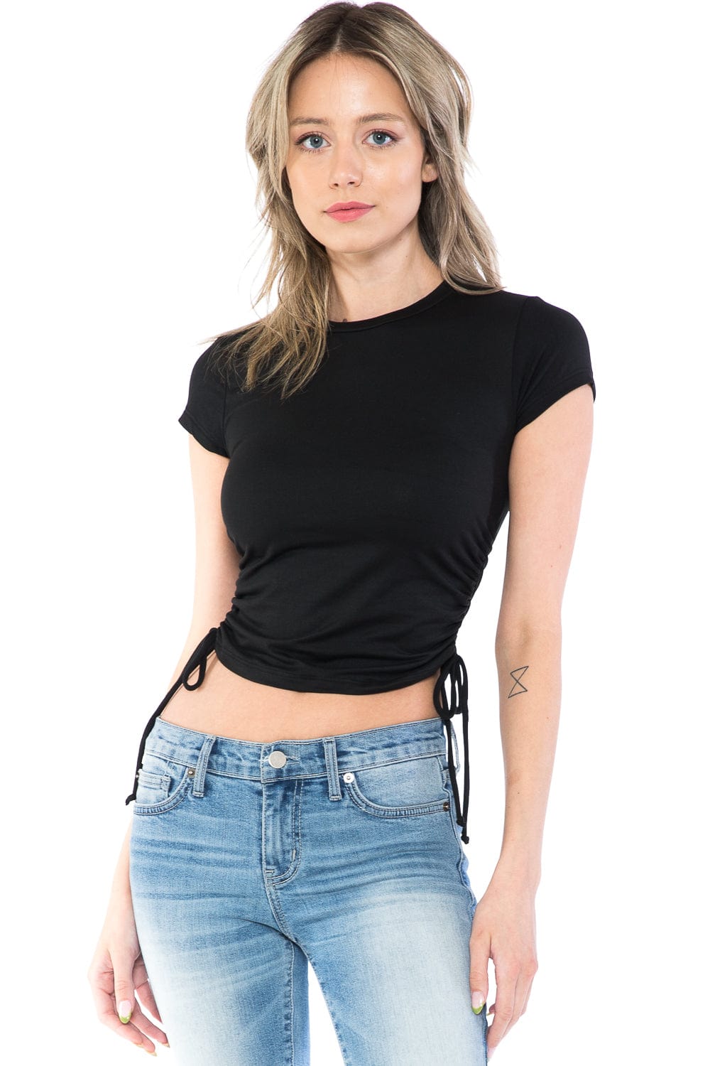 Auliné Collection Shirts & Tops Small / Black Womens Trendy Solid Color Soft Basic Ruched Tie Crop Top