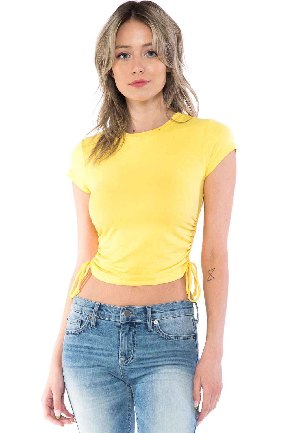 Auliné Collection Shirts & Tops Small / Yellow Womens Trendy Solid Color Soft Basic Ruched Tie Crop Top