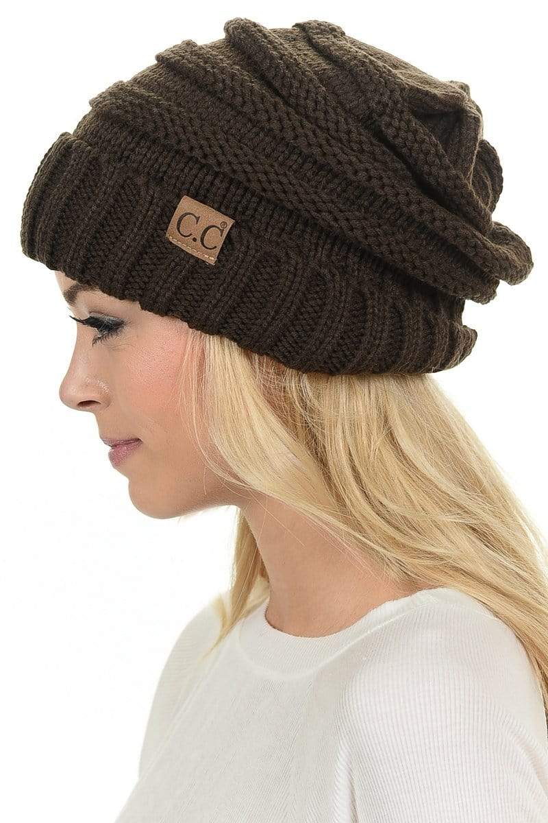 C.C Apparel Brown C.C Hat 100 - Oversized Baggy Slouch Thick Warm Cap Hat Skully Color Cable Knit Beanie