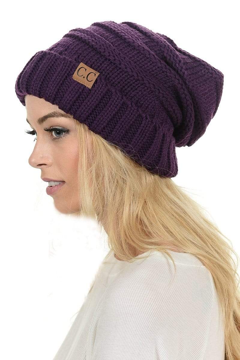 C.C Apparel Dark Purple C.C Hat 100 - Oversized Baggy Slouch Thick Warm Cap Hat Skully Color Cable Knit Beanie