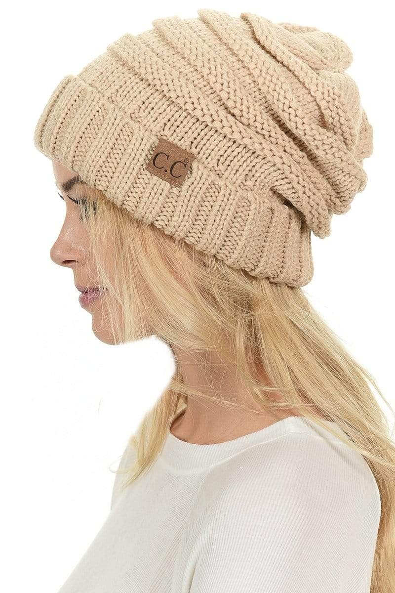 C.C Apparel New Beige C.C Hat 100 - Oversized Baggy Slouch Thick Warm Cap Hat Skully Color Cable Knit Beanie