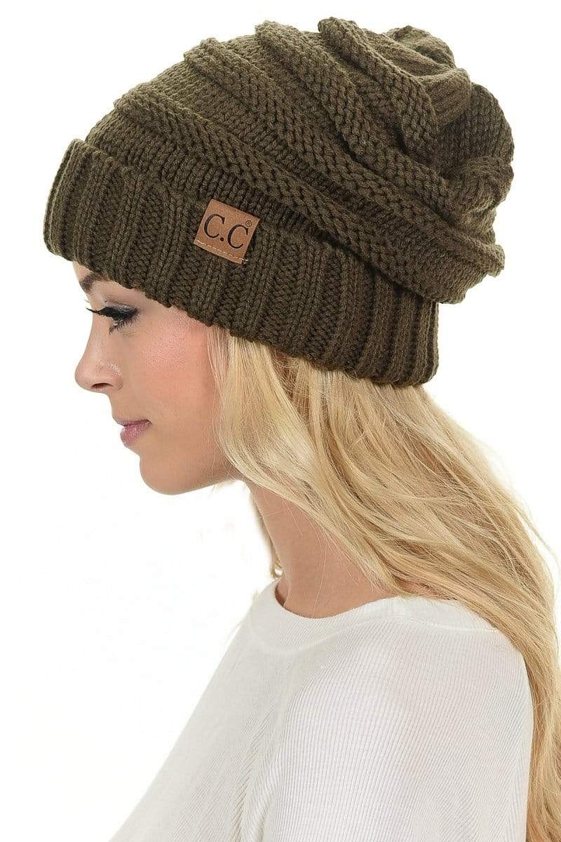 C.C Apparel New Olive C.C Hat 100 - Oversized Baggy Slouch Thick Warm Cap Hat Skully Color Cable Knit Beanie