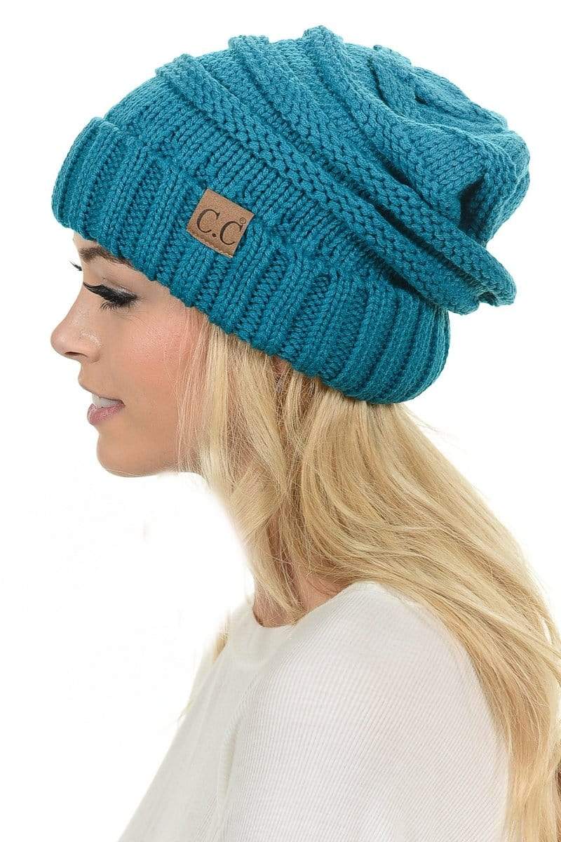 C.C Apparel Teal C.C Hat 100 - Oversized Baggy Slouch Thick Warm Cap Hat Skully Color Cable Knit Beanie