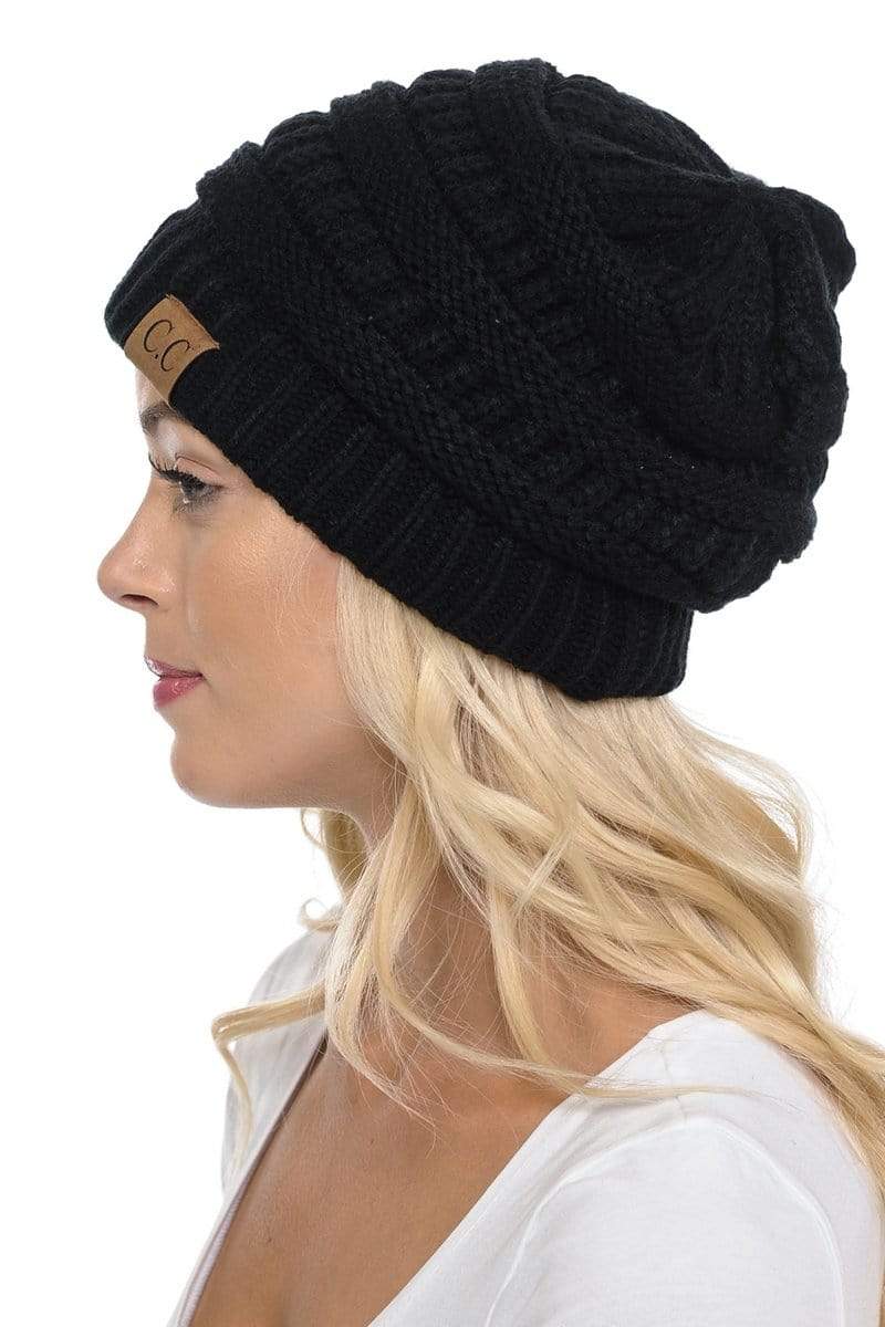 C.C Apparel Black C.C Hat 20A - Slouchy Thick Warm Cap Hat Skully Color Cable Knit Beanie
