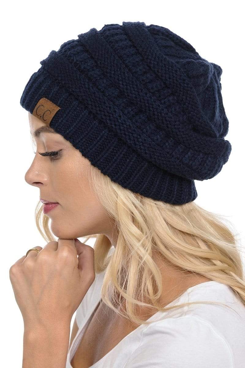 C.C Apparel Navy C.C Hat 20A - Slouchy Thick Warm Cap Hat Skully Color Cable Knit Beanie