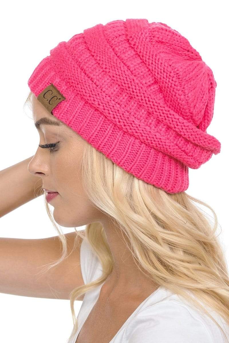 C.C Apparel Neon Hot Pink C.C Hat 20A - Slouchy Thick Warm Cap Hat Skully Color Cable Knit Beanie