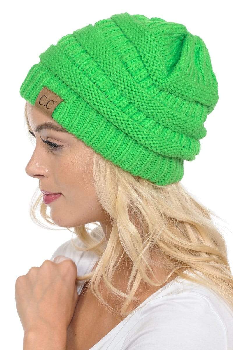 C.C Apparel Neon Lime C.C Hat 20A - Slouchy Thick Warm Cap Hat Skully Color Cable Knit Beanie