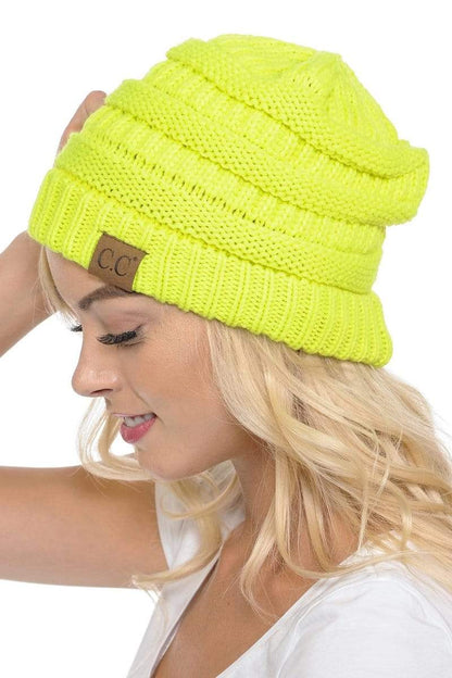 C.C Apparel Neon Yellow C.C Hat 20A - Slouchy Thick Warm Cap Hat Skully Color Cable Knit Beanie