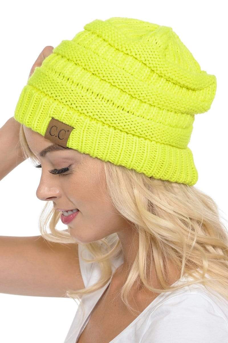 C.C Apparel Neon Yellow C.C Hat 20A - Slouchy Thick Warm Cap Hat Skully Color Cable Knit Beanie