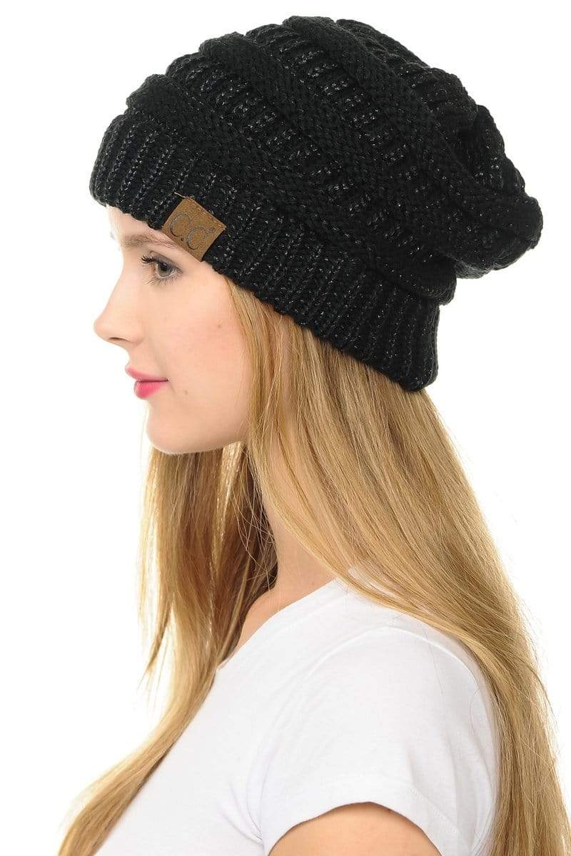 C.C Apparel Black C.C Hat 20AM - Slouchy Thick Warm Cap Hat Skully Metallic Cable Knit Beanie