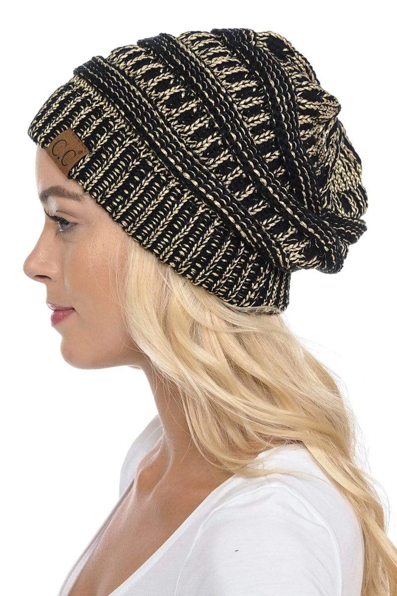 C.C Apparel Black/Gold C.C Hat 20AM - Slouchy Thick Warm Cap Hat Skully Metallic Cable Knit Beanie