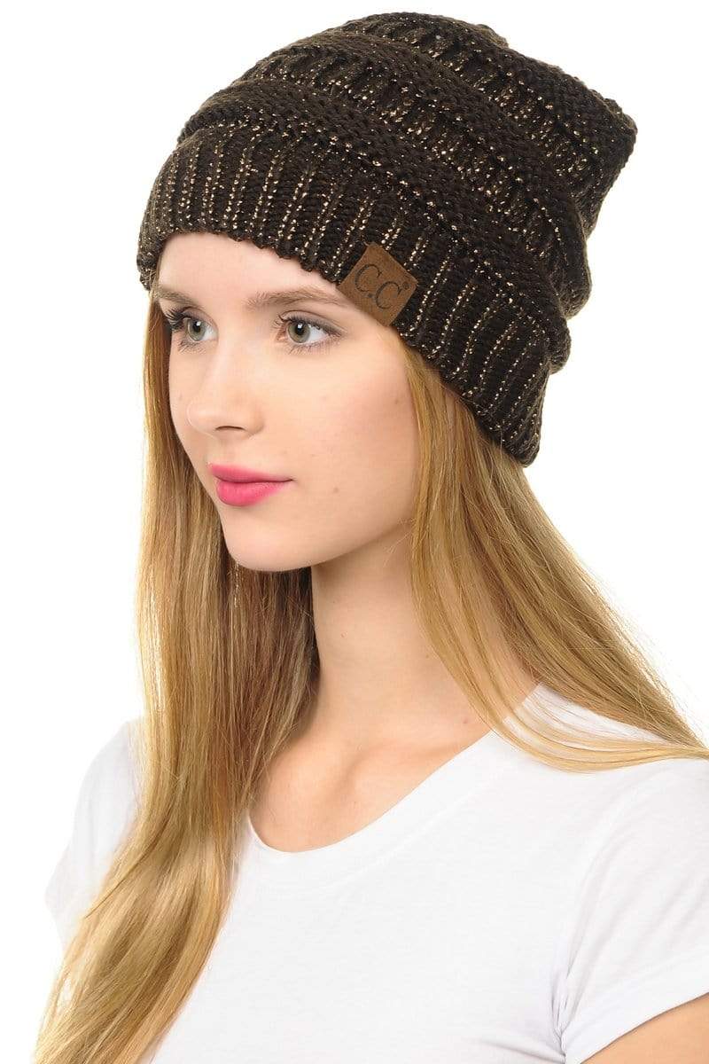 C.C Apparel Brown C.C Hat 20AM - Slouchy Thick Warm Cap Hat Skully Metallic Cable Knit Beanie
