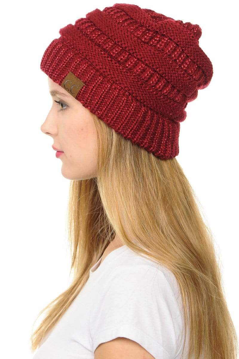 C.C Apparel Burgundy C.C Hat 20AM - Slouchy Thick Warm Cap Hat Skully Metallic Cable Knit Beanie