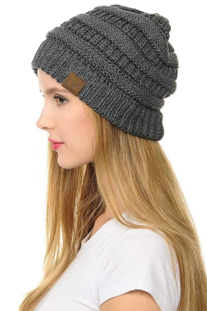 C.C Apparel Dark Melange Grey C.C Hat 20AM - Slouchy Thick Warm Cap Hat Skully Metallic Cable Knit Beanie