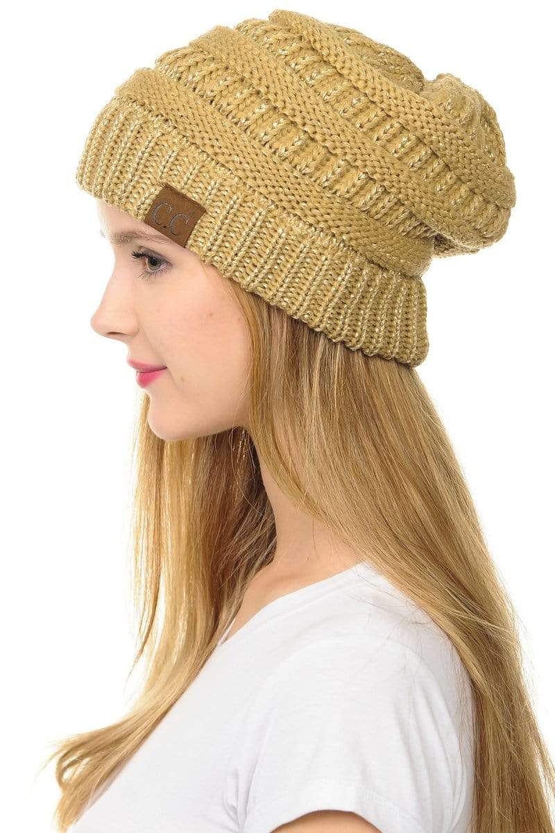 C.C Apparel Gold C.C Hat 20AM - Slouchy Thick Warm Cap Hat Skully Metallic Cable Knit Beanie