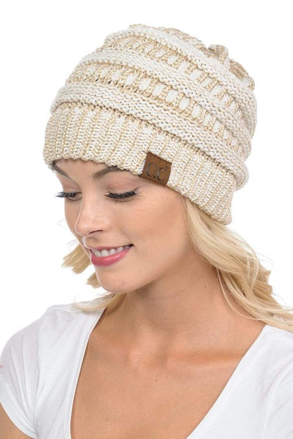 C.C Apparel Ivory/Gold C.C Hat 20AM - Slouchy Thick Warm Cap Hat Skully Metallic Cable Knit Beanie