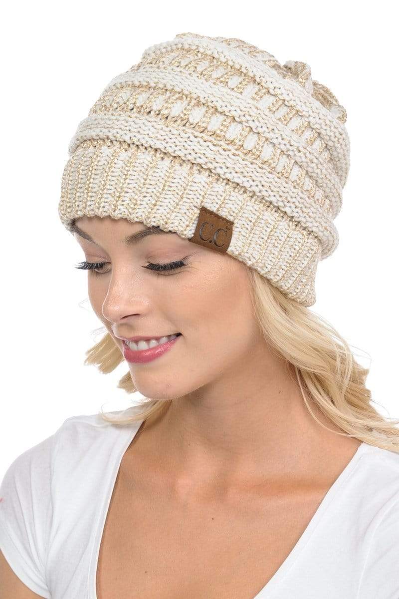 C.C Apparel Ivory/Gold C.C Hat 20AM - Slouchy Thick Warm Cap Hat Skully Metallic Cable Knit Beanie