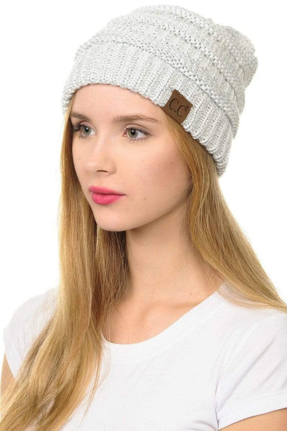 C.C Apparel Ivory/Silver C.C Hat 20AM - Slouchy Thick Warm Cap Hat Skully Metallic Cable Knit Beanie