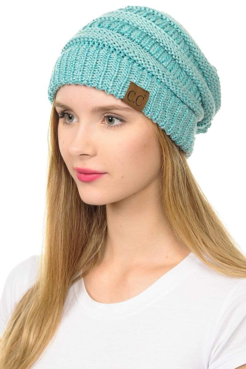 C.C Apparel Mint C.C Hat 20AM - Slouchy Thick Warm Cap Hat Skully Metallic Cable Knit Beanie