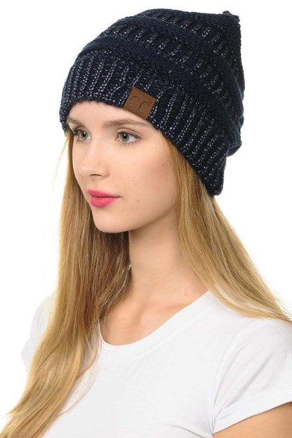 C.C Apparel Navy C.C Hat 20AM - Slouchy Thick Warm Cap Hat Skully Metallic Cable Knit Beanie