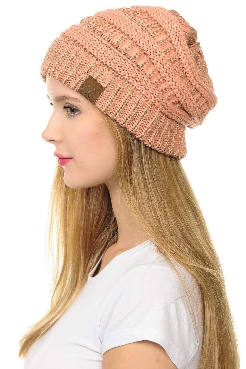 C.C Apparel Peach C.C Hat 20AM - Slouchy Thick Warm Cap Hat Skully Metallic Cable Knit Beanie
