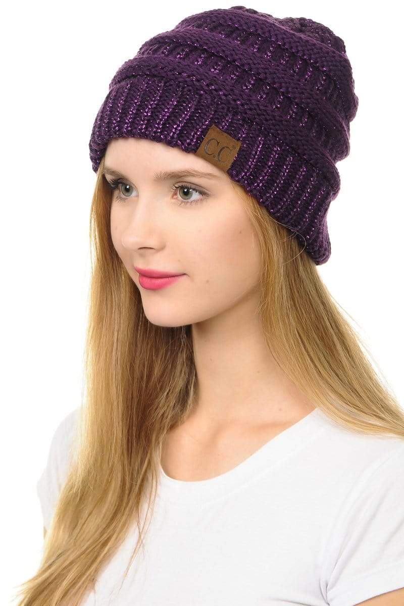 C.C Apparel Purple C.C Hat 20AM - Slouchy Thick Warm Cap Hat Skully Metallic Cable Knit Beanie