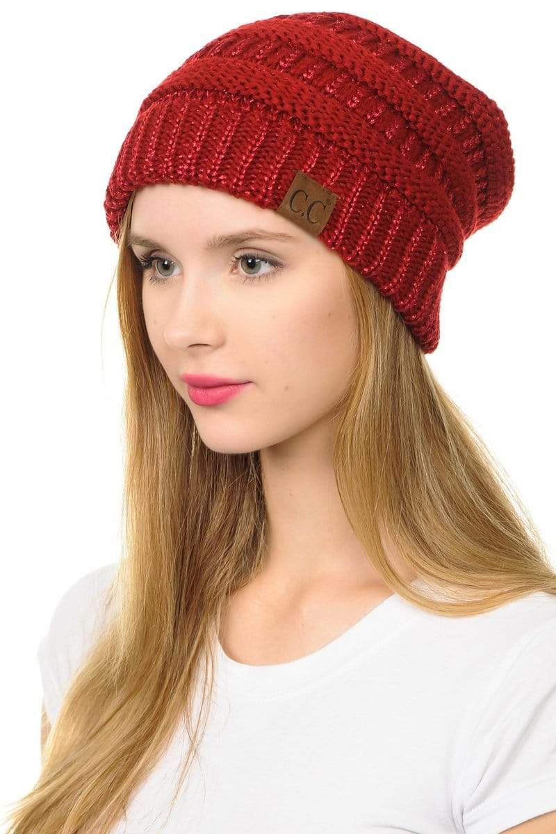 C.C Apparel Red C.C Hat 20AM - Slouchy Thick Warm Cap Hat Skully Metallic Cable Knit Beanie