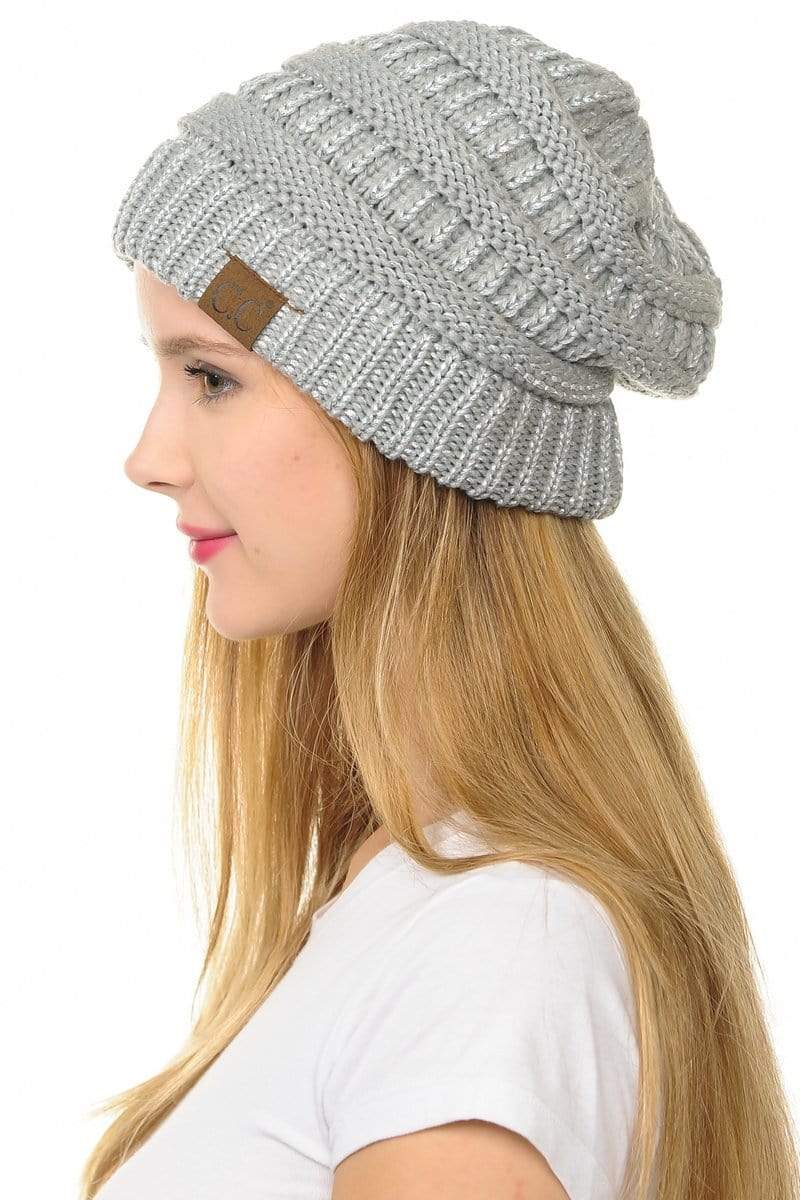 C.C Apparel Silver C.C Hat 20AM - Slouchy Thick Warm Cap Hat Skully Metallic Cable Knit Beanie