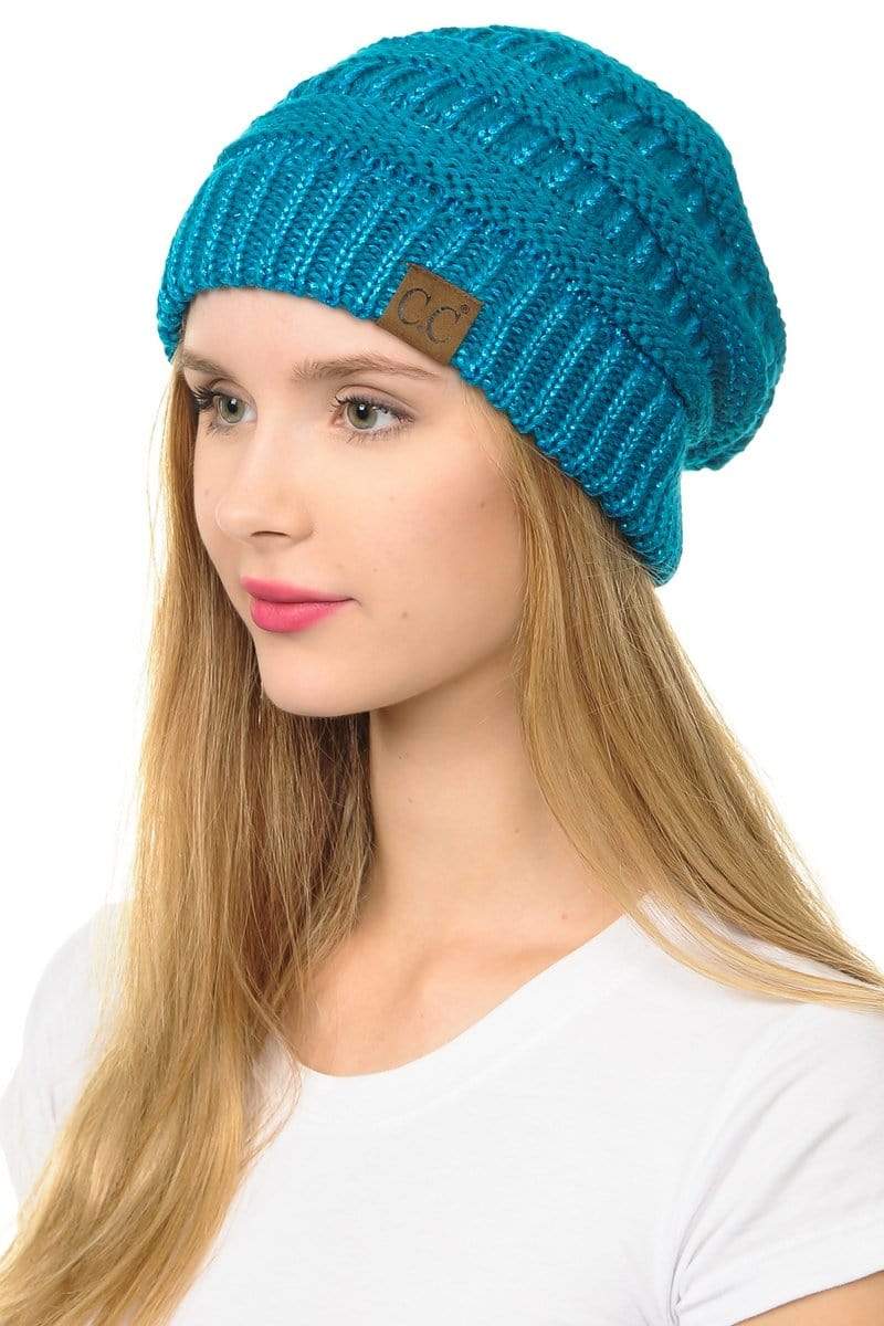 C.C Apparel Teal C.C Hat 20AM - Slouchy Thick Warm Cap Hat Skully Metallic Cable Knit Beanie