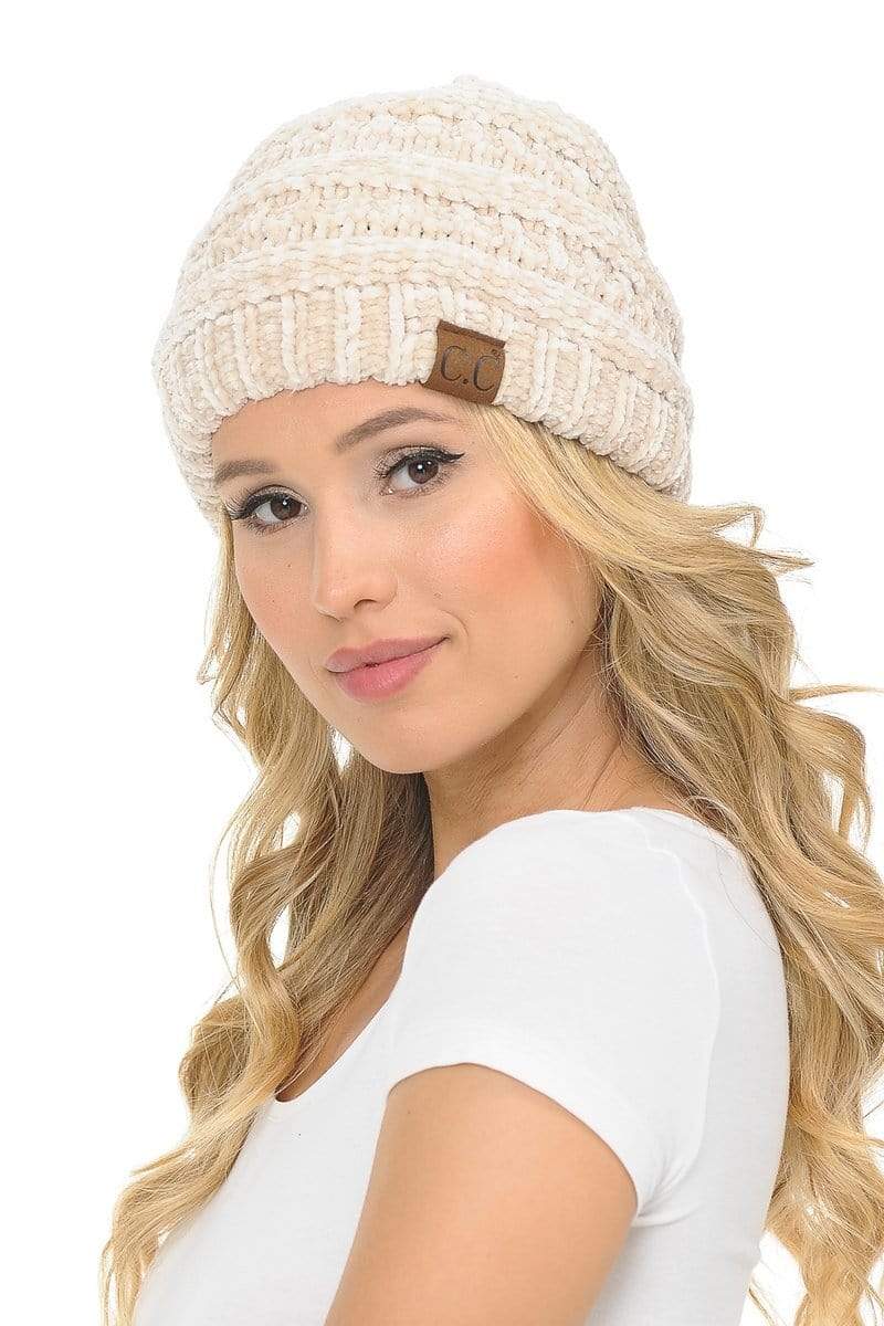 C.C Apparel Beige C.C Hat 30 - Chenille Textured Soft Stretchy Warm Thick Cap Hat Cable Knit Beanie