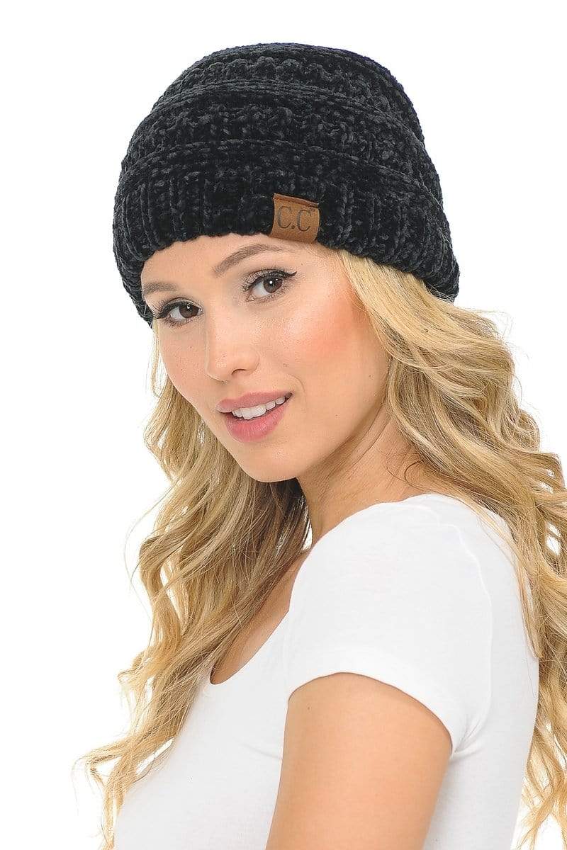 C.C Apparel Black C.C Hat 30 - Chenille Textured Soft Stretchy Warm Thick Cap Hat Cable Knit Beanie