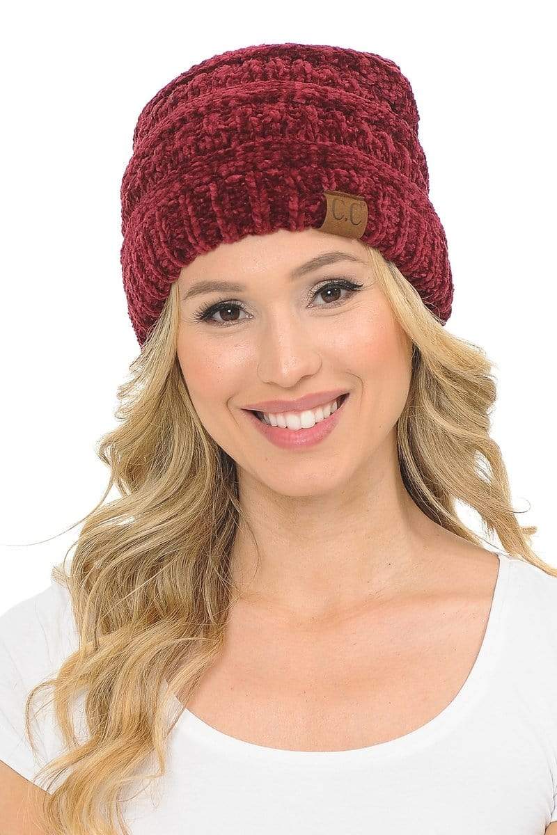 C.C Apparel Burgundy C.C Hat 30 - Chenille Textured Soft Stretchy Warm Thick Cap Hat Cable Knit Beanie