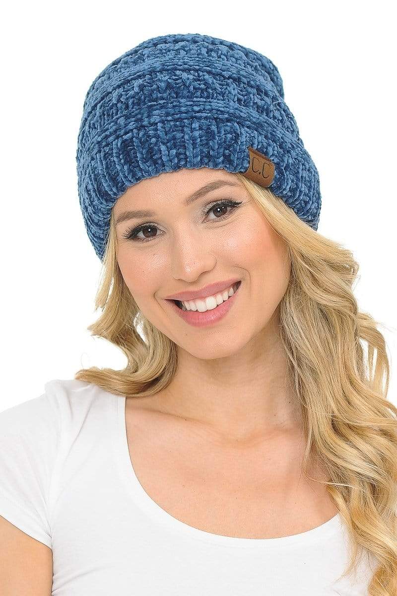 C.C Apparel Dark Denim C.C Hat 30 - Chenille Textured Soft Stretchy Warm Thick Cap Hat Cable Knit Beanie
