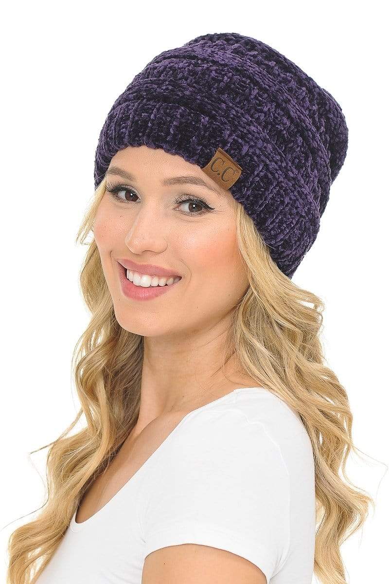 C.C Apparel Dark Purple C.C Hat 30 - Chenille Textured Soft Stretchy Warm Thick Cap Hat Cable Knit Beanie