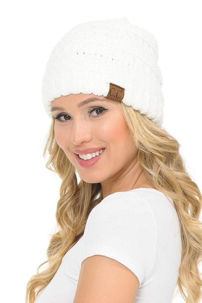 C.C Apparel Ivory C.C Hat 30 - Chenille Textured Soft Stretchy Warm Thick Cap Hat Cable Knit Beanie