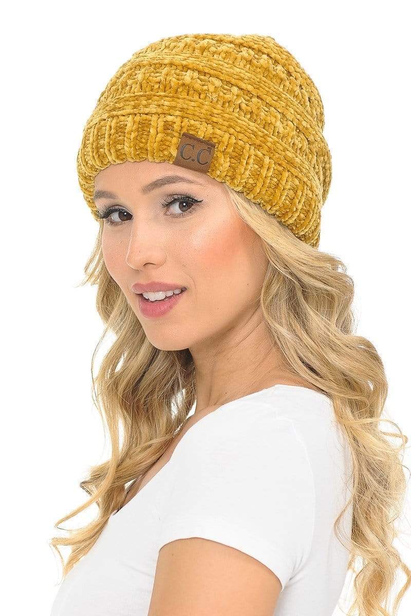 C.C Apparel Mustard C.C Hat 30 - Chenille Textured Soft Stretchy Warm Thick Cap Hat Cable Knit Beanie