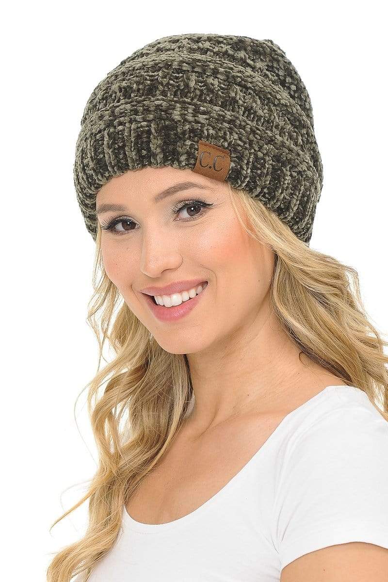 C.C Apparel New Olive C.C Hat 30 - Chenille Textured Soft Stretchy Warm Thick Cap Hat Cable Knit Beanie