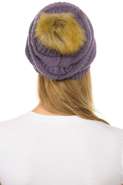 C.C Apparel C.C Hat 43 - Slouchy Thick Warm Cap Hat Skully Faux Fur Pom Pom Cable Knit Beanie