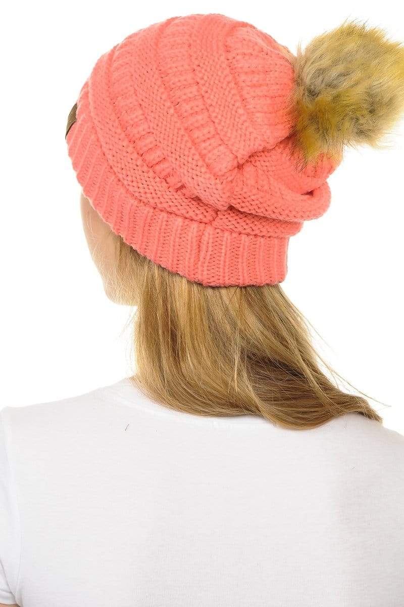 C.C Hat 43 - Slouchy Thick Warm Cap Hat Skully Faux Fur Pom Pom Cable Knit Beanie