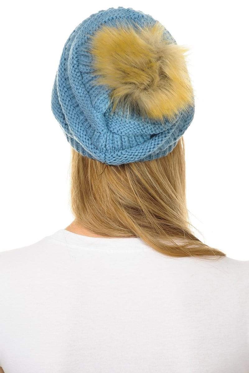 C.C Apparel C.C Hat 43 - Slouchy Thick Warm Cap Hat Skully Faux Fur Pom Pom Cable Knit Beanie