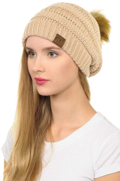 C.C Hat 43 - Slouchy Thick Warm Cap Hat Skully Faux Fur Pom Pom Cable Knit Beanie