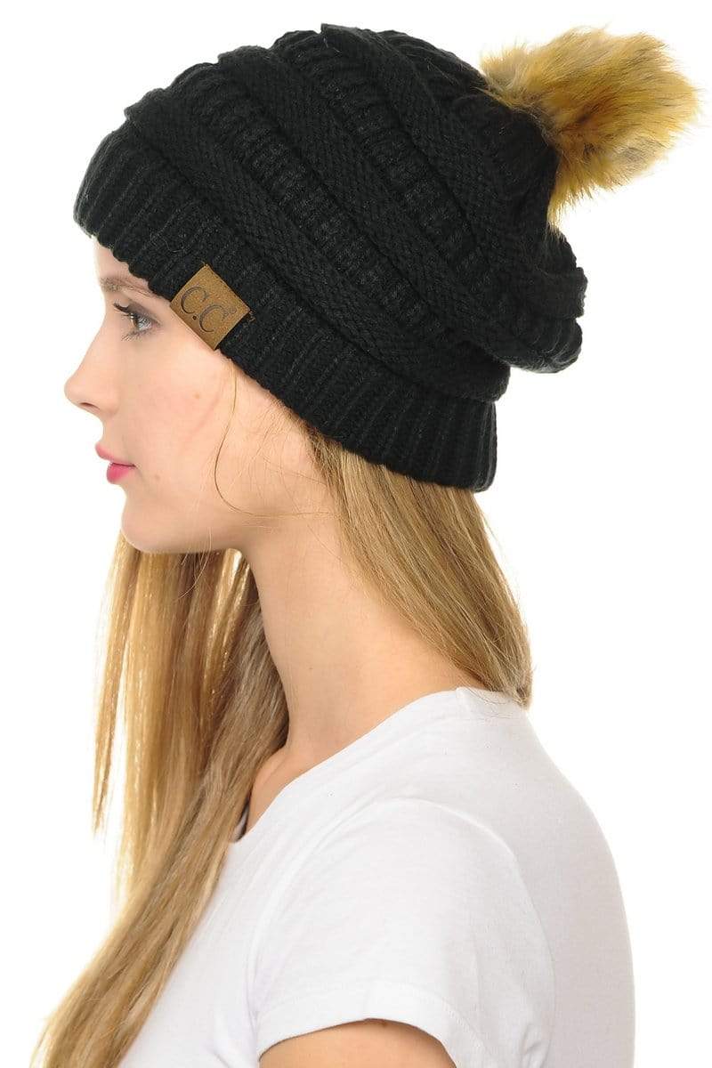 C.C Apparel Black C.C Hat 43 - Slouchy Thick Warm Cap Hat Skully Faux Fur Pom Pom Cable Knit Beanie