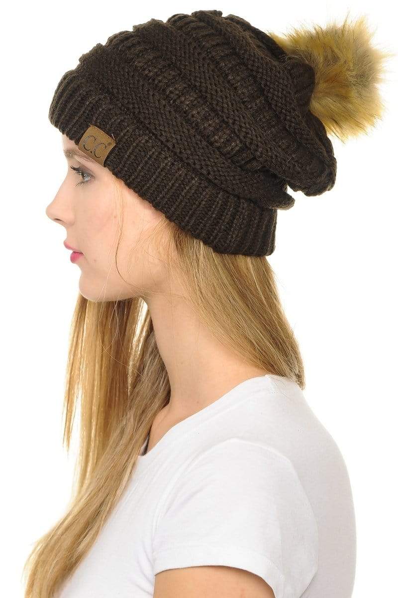 C.C Apparel Brown C.C Hat 43 - Slouchy Thick Warm Cap Hat Skully Faux Fur Pom Pom Cable Knit Beanie