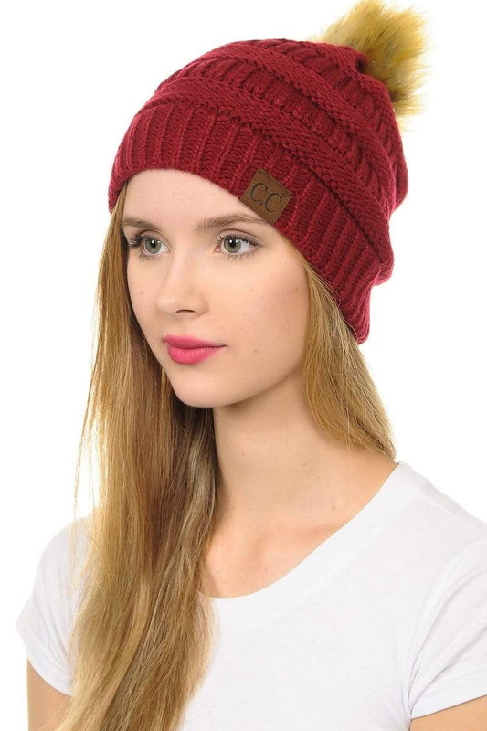 C.C Apparel Burgundy C.C Hat 43 - Slouchy Thick Warm Cap Hat Skully Faux Fur Pom Pom Cable Knit Beanie