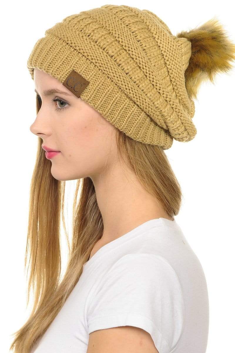 C.C Apparel Camel C.C Hat 43 - Slouchy Thick Warm Cap Hat Skully Faux Fur Pom Pom Cable Knit Beanie