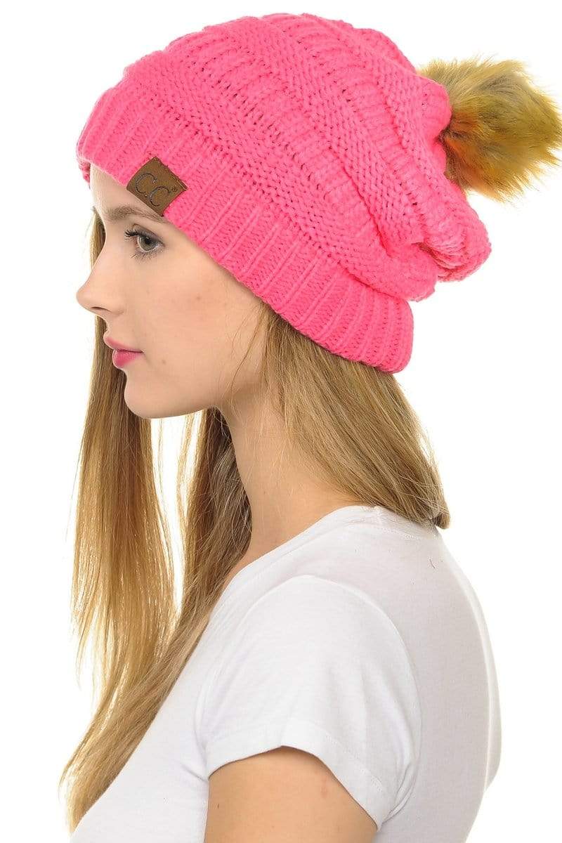 C.C Apparel Candy Pink C.C Hat 43 - Slouchy Thick Warm Cap Hat Skully Faux Fur Pom Pom Cable Knit Beanie